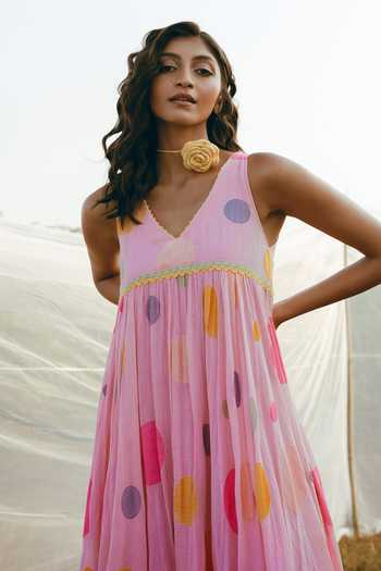 Nimbu Mirchi_Pink Cotton, Linen V-neck Falooda Polka Dot Print Dress _Online_at_Aza_Fashions