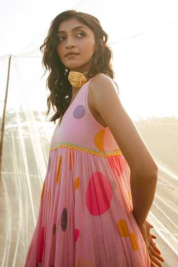 Buy_Nimbu Mirchi_Pink Cotton, Linen V-neck Falooda Polka Dot Print Dress _Online_at_Aza_Fashions