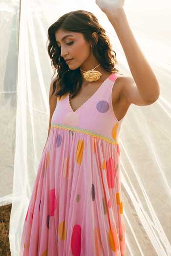 Buy_Nimbu Mirchi_Pink Cotton, Linen V-neck Falooda Polka Dot Print Dress 