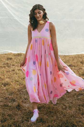 Shop_Nimbu Mirchi_Pink Cotton, Linen V-neck Falooda Polka Dot Print Dress _at_Aza_Fashions