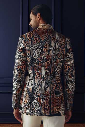 Shop_Raghavendra Rathore Jodhpur_Multi Color Silk, Linen Urban Abstract Pattern Bandhgala _at_Aza_Fashions