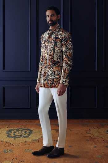 Raghavendra Rathore Jodhpur_Multi Color Silk, Linen Urban Abstract Pattern Bandhgala _Online_at_Aza_Fashions