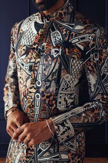 Buy_Raghavendra Rathore Jodhpur_Multi Color Silk, Linen Urban Abstract Pattern Bandhgala _Online_at_Aza_Fashions