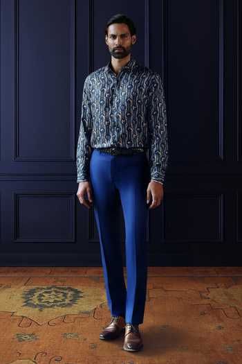 Buy_Raghavendra Rathore Jodhpur_Blue Silk, Twill Equestrian Story Shirt _at_Aza_Fashions