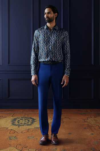 Raghavendra Rathore Jodhpur_Blue Silk, Twill Equestrian Story Shirt _Online_at_Aza_Fashions