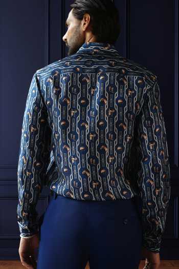 Shop_Raghavendra Rathore Jodhpur_Blue Silk, Twill Equestrian Story Shirt _at_Aza_Fashions