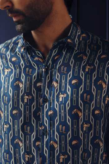 Buy_Raghavendra Rathore Jodhpur_Blue Silk, Twill Equestrian Story Shirt _Online_at_Aza_Fashions