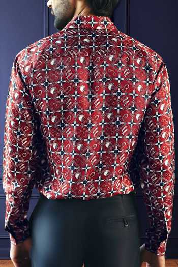 Shop_Raghavendra Rathore Jodhpur_Maroon Silk, Twill Heritage Print Shirt _at_Aza_Fashions