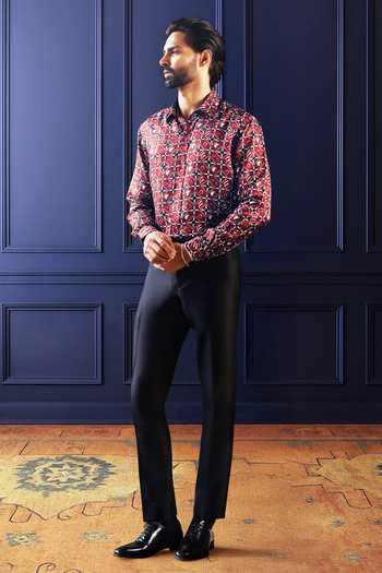 Raghavendra Rathore Jodhpur_Maroon Silk, Twill Heritage Print Shirt _Online_at_Aza_Fashions