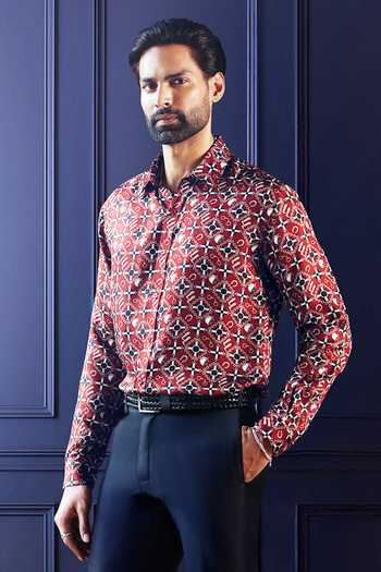 Buy_Raghavendra Rathore Jodhpur_Maroon Silk, Twill Heritage Print Shirt _at_Aza_Fashions