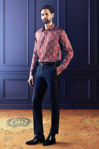 Buy_Raghavendra Rathore Jodhpur_Maroon Silk, Twill Heritage Print Shirt _Online_at_Aza_Fashions