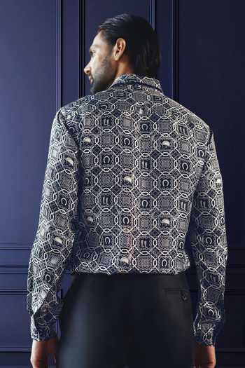 Shop_Raghavendra Rathore Jodhpur_White Silk, Twill Monochrome Motif Print Shirt _at_Aza_Fashions
