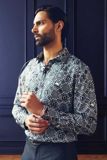 Buy_Raghavendra Rathore Jodhpur_White Silk, Twill Monochrome Motif Print Shirt _at_Aza_Fashions