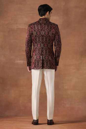 Shop_Raghavendra Rathore Jodhpur_Gold Silk Embroidery Layered Axis Printed Bandhgala _at_Aza_Fashions
