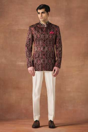 Raghavendra Rathore Jodhpur_Gold Silk Embroidery Layered Axis Printed Bandhgala _Online_at_Aza_Fashions