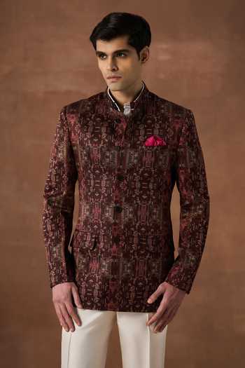 Buy_Raghavendra Rathore Jodhpur_Gold Silk Embroidery Layered Axis Printed Bandhgala _at_Aza_Fashions
