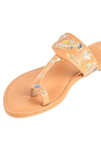 Shop_PREET KAUR_Beige Tota Kolhapuri Flats _Online_at_Aza_Fashions