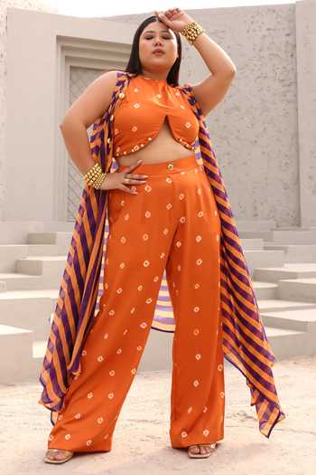 Aapro_Orange Organza, Modal, Satin Beads Open Neck, Veda Stripe Print Jacket Pant Set _at_Aza_Fashions
