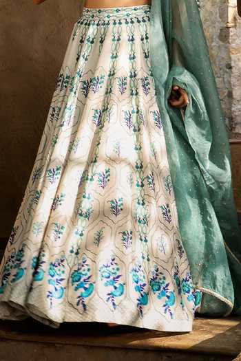 HOUSE OF TA-YA_Off White Silk, Viscose Square Neck Mughal Print Lehenga Set _Online_at_Aza_Fashions