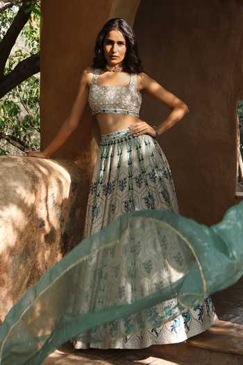 Buy_HOUSE OF TA-YA_Off White Silk, Viscose Square Neck Mughal Print Lehenga Set _Online_at_Aza_Fashions