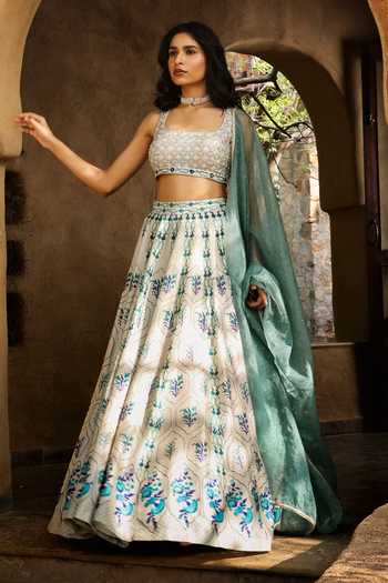 Buy_HOUSE OF TA-YA_Off White Silk, Viscose Square Neck Mughal Print Lehenga Set _at_Aza_Fashions