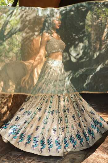 Shop_HOUSE OF TA-YA_Off White Silk, Viscose Square Neck Mughal Print Lehenga Set _Online_at_Aza_Fashions