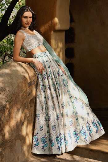 Buy_HOUSE OF TA-YA_Off White Silk, Viscose Square Neck Mughal Print Lehenga Set 