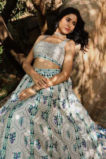 Shop_HOUSE OF TA-YA_Off White Silk, Viscose Square Neck Mughal Print Lehenga Set 