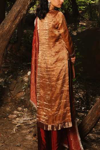 Shop_House Of Ta-Ya_Gold Crepe, Tissue V-neck Embroidered Kurta Set _at_Aza_Fashions