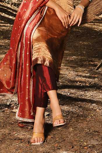 House Of Ta-Ya_Gold Crepe, Tissue V-neck Embroidered Kurta Set _Online_at_Aza_Fashions