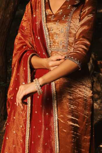 House Of Ta-Ya_Gold Crepe, Tissue V-neck Embroidered Kurta Set _at_Aza_Fashions