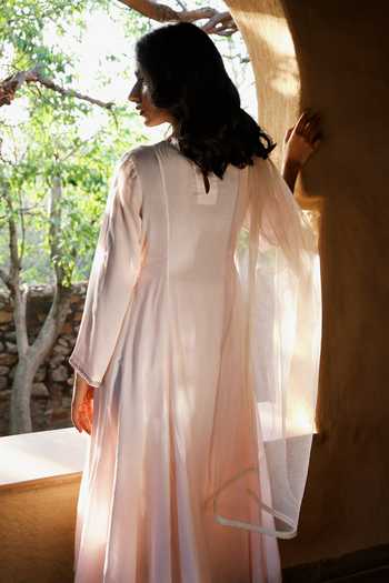 Shop_House Of Ta-Ya_Pink Cotton, Satin Boat Neck Hand Embroidered Anarkali Set _at_Aza_Fashions