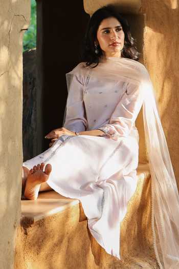 House Of Ta-Ya_Pink Cotton, Satin Boat Neck Hand Embroidered Anarkali Set _Online_at_Aza_Fashions