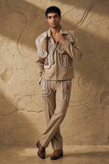 Buy_ROHIT DOSHI_Beige Linen Braid And Butter Shacket With Pant _at_Aza_Fashions
