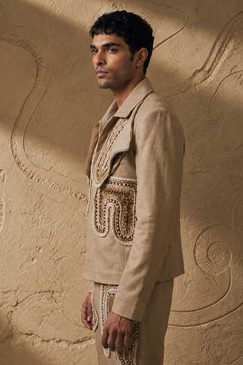 Shop_ROHIT DOSHI_Beige Linen Braid And Butter Shacket With Pant _at_Aza_Fashions