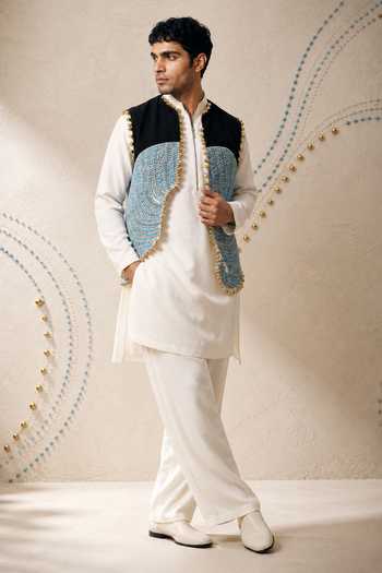 ROHIT DOSHI_Blue Linen, Crepe Beads, Mirrors Churros Embellished Bundi Kurta Set _Online_at_Aza_Fashions