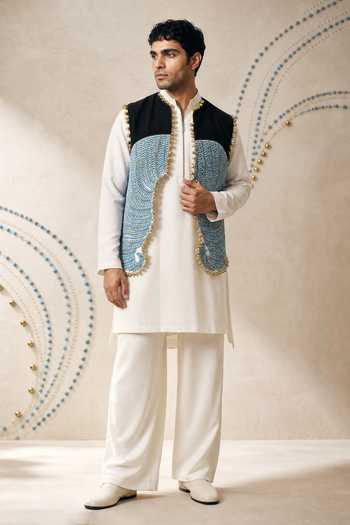 Buy_ROHIT DOSHI_Blue Linen, Crepe Beads, Mirrors Churros Embellished Bundi Kurta Set _Online_at_Aza_Fashions