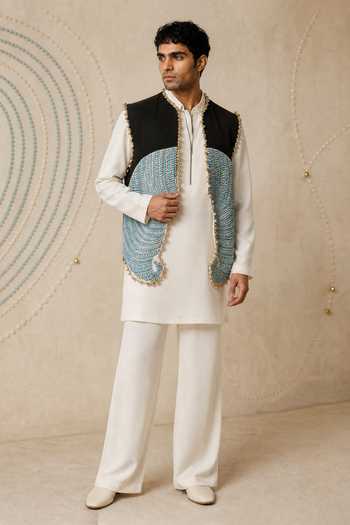 Shop_ROHIT DOSHI_Blue Linen, Crepe Beads, Mirrors Churros Embellished Bundi Kurta Set _at_Aza_Fashions