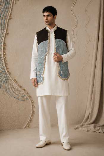 Buy_ROHIT DOSHI_Blue Linen, Crepe Beads, Mirrors Churros Embellished Bundi Kurta Set _at_Aza_Fashions