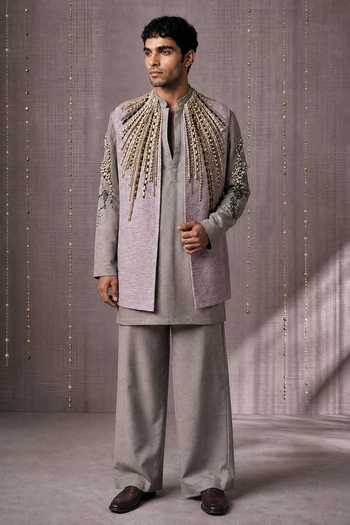 Buy_ROHIT DOSHI_Purple Beads, Pearls Rope And Roll Embroidered Bundi Kurta Set _at_Aza_Fashions