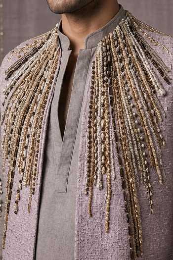 ROHIT DOSHI_Purple Beads, Pearls Rope And Roll Embroidered Bundi Kurta Set _at_Aza_Fashions