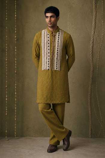 Buy_ROHIT DOSHI_Green Denim Corduroy Cousin Embroidered Kurta Set _at_Aza_Fashions
