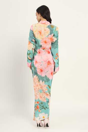 Shop_Ruhr India_Blue Crepe V-neck Floral Print Draped Dress _at_Aza_Fashions