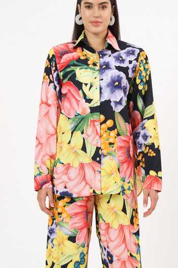Buy_Ruhr India_Multi Color Cotton Collared Neck Keiko Printed Shirt And Pant Set _Online_at_Aza_Fashions