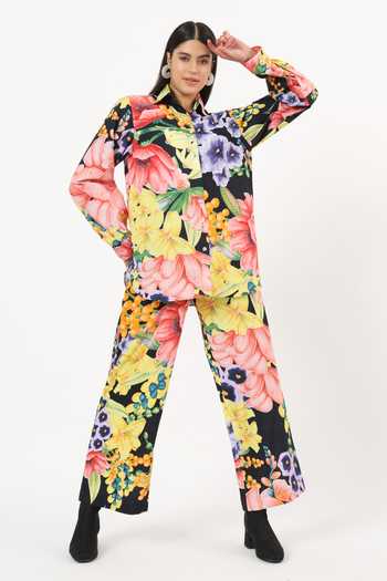 Shop_Ruhr India_Multi Color Cotton Collared Neck Keiko Printed Shirt And Pant Set _Online_at_Aza_Fashions