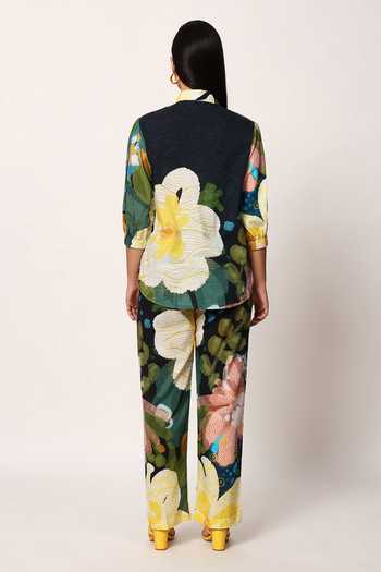 Shop_Ruhr India_Multi Color Cotton Collared Neck Kosumosu Floral Print Top And Pant Set _at_Aza_Fashions