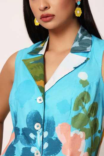 Ruhr India_Blue Cotton Collared Neck Kosumosu Print Waistcoat And Skirt Set _Online_at_Aza_Fashions