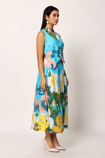 Buy_Ruhr India_Blue Cotton Collared Neck Kosumosu Print Waistcoat And Skirt Set _Online_at_Aza_Fashions