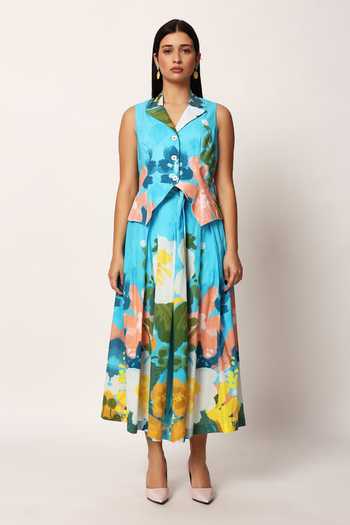 Shop_Ruhr India_Blue Cotton Collared Neck Kosumosu Print Waistcoat And Skirt Set _Online_at_Aza_Fashions