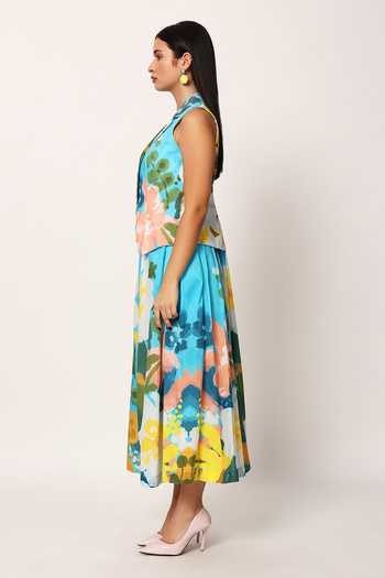 Ruhr India_Blue Cotton Collared Neck Kosumosu Print Waistcoat And Skirt Set _at_Aza_Fashions